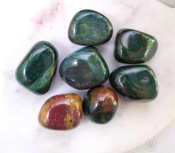 A collection of Bloodstone Tumbles also known as Heliotrope displayed on a white background