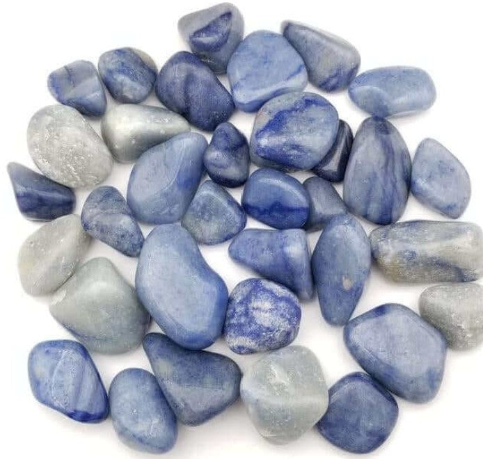 A collection of Blue Aventurine Tumbles also known as Blue Quartz displayed on a white background