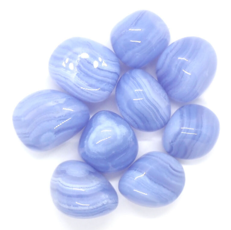 Blue Lace Agate Tumble displayed on a white surface.