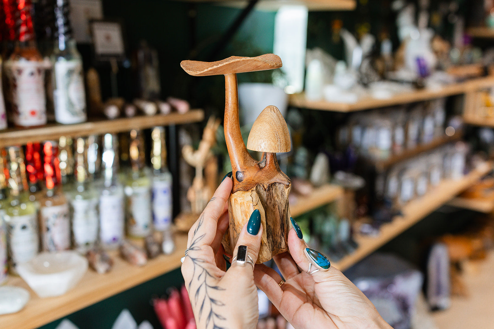 Décor Double mushroom carved wooden 