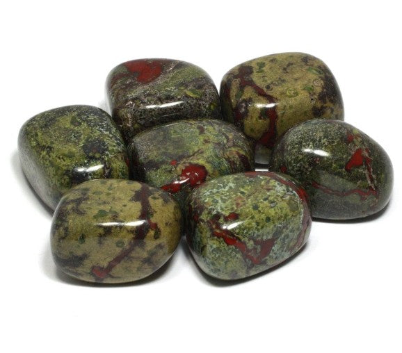 The image displays a collection of polished, tumbled Dragons Blood Jasper (also known as Dragons Bloodstone) displayed on a white background