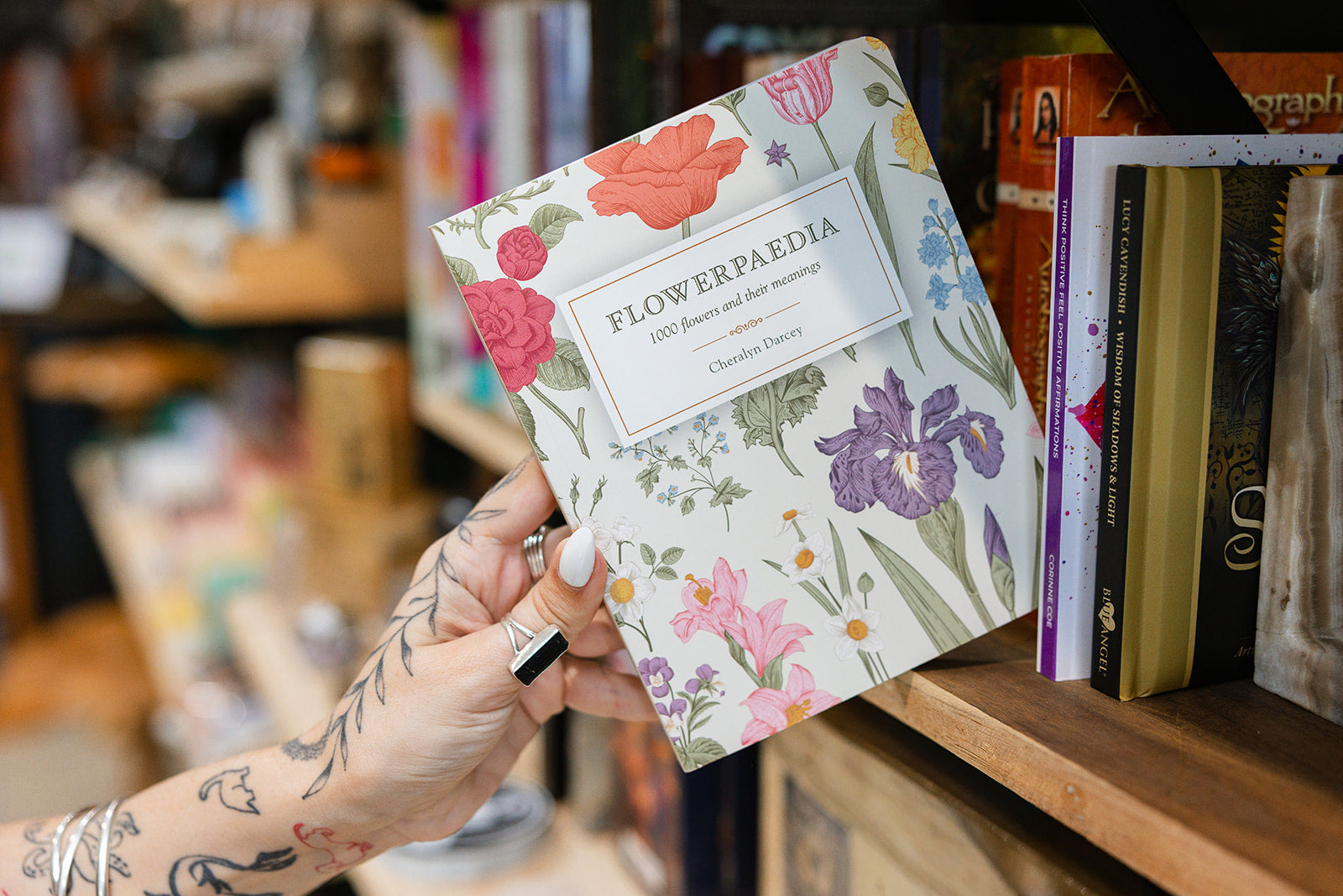 A person holding the Flowerpaedia Book 1000 flowers and their meaning by Cheralyn Darcey