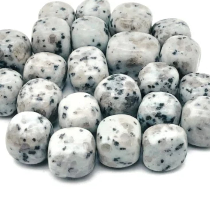 The image displays a collection of polished Kiwi Jasper tumbled stones on arranged on a white background