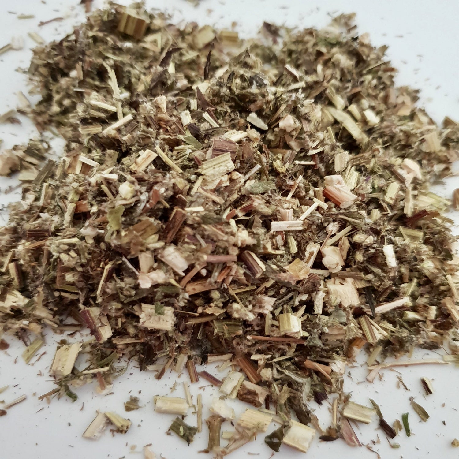 Mugwort herb on a white surface.