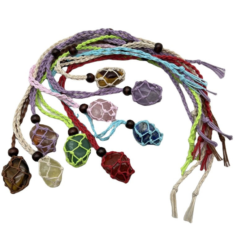 Nets various colours macrame cord holders for raw crystals.