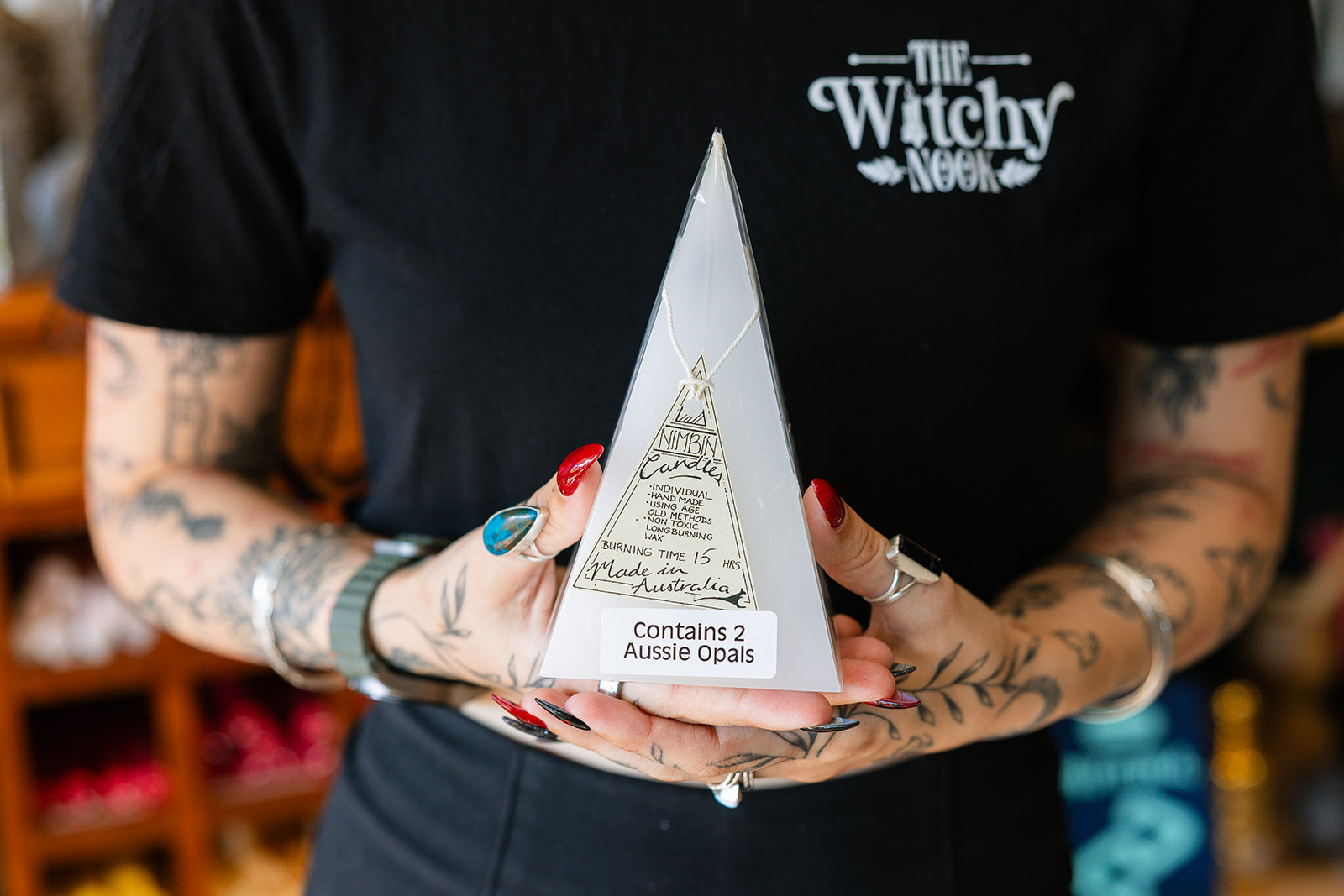 Large Opal Pyramid candle displayed made by Nimbin Candles