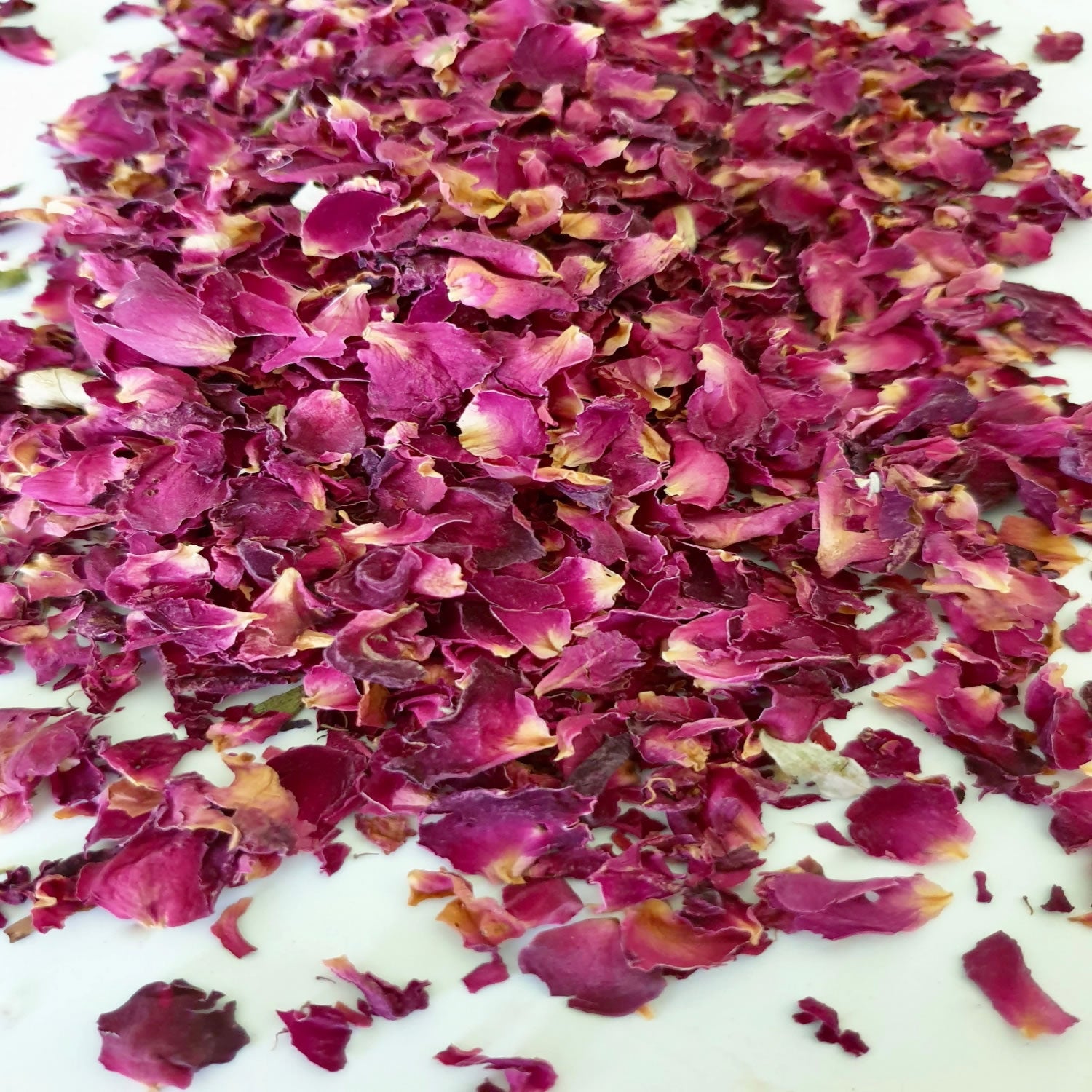 Rose Petals herb on a white surface.
