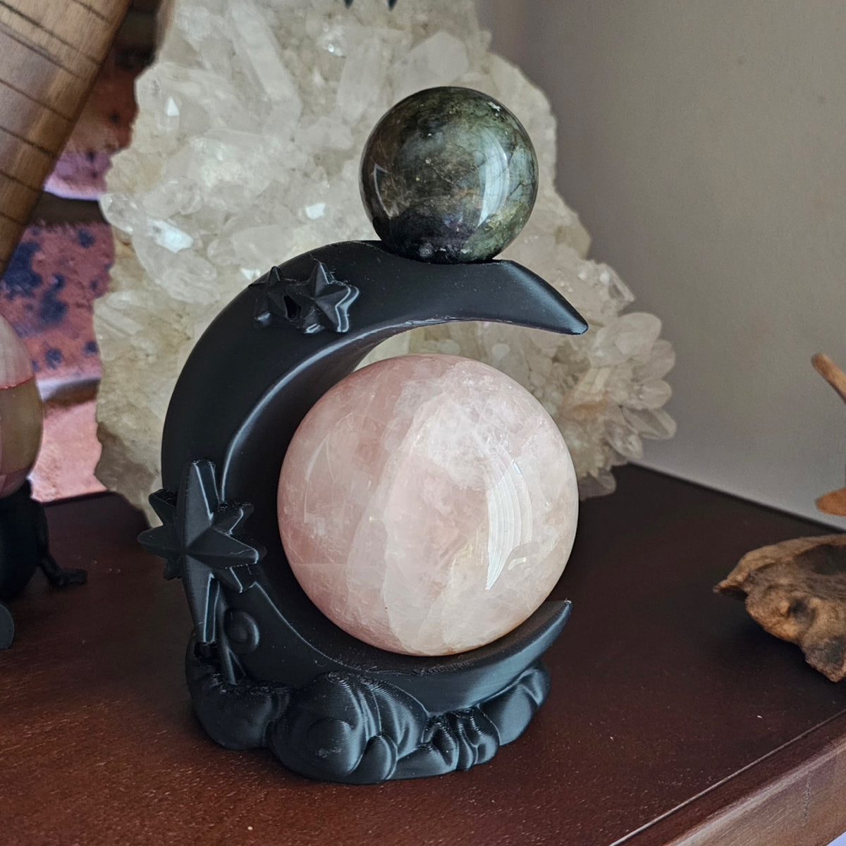 Moon Crystal sphere holder. Is a 3D printed celestial display piece (Black)