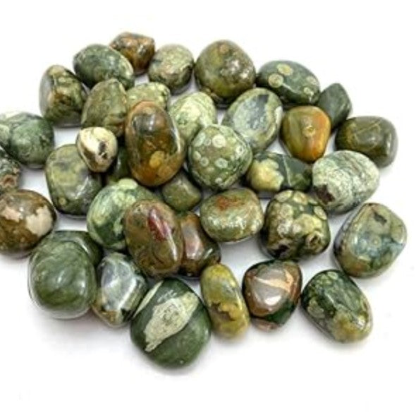 The image displays a collection of polished Rainforest Jasper tumbled stones on arranged on a white background