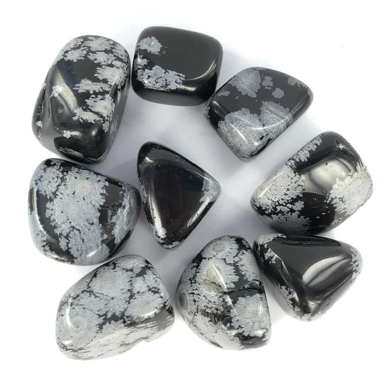 The image displays a collection of polished Snowflake Obsidian tumbled stones on arranged on a white background