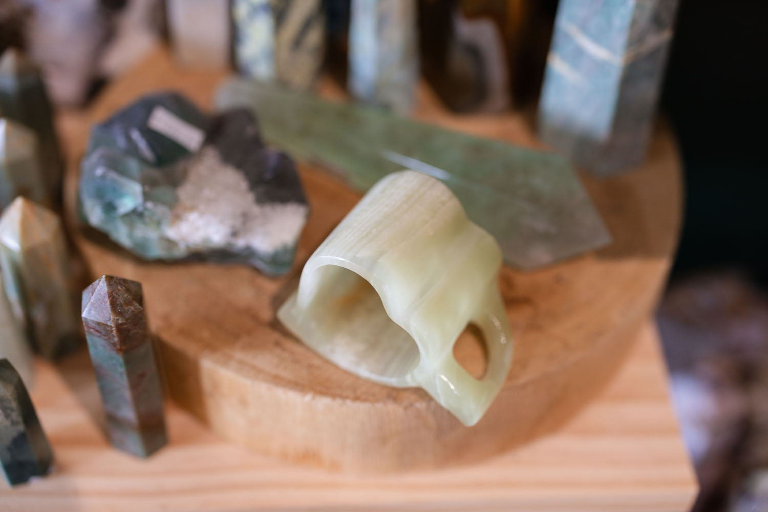 Quartz cup on a wooden surface with blurred background
